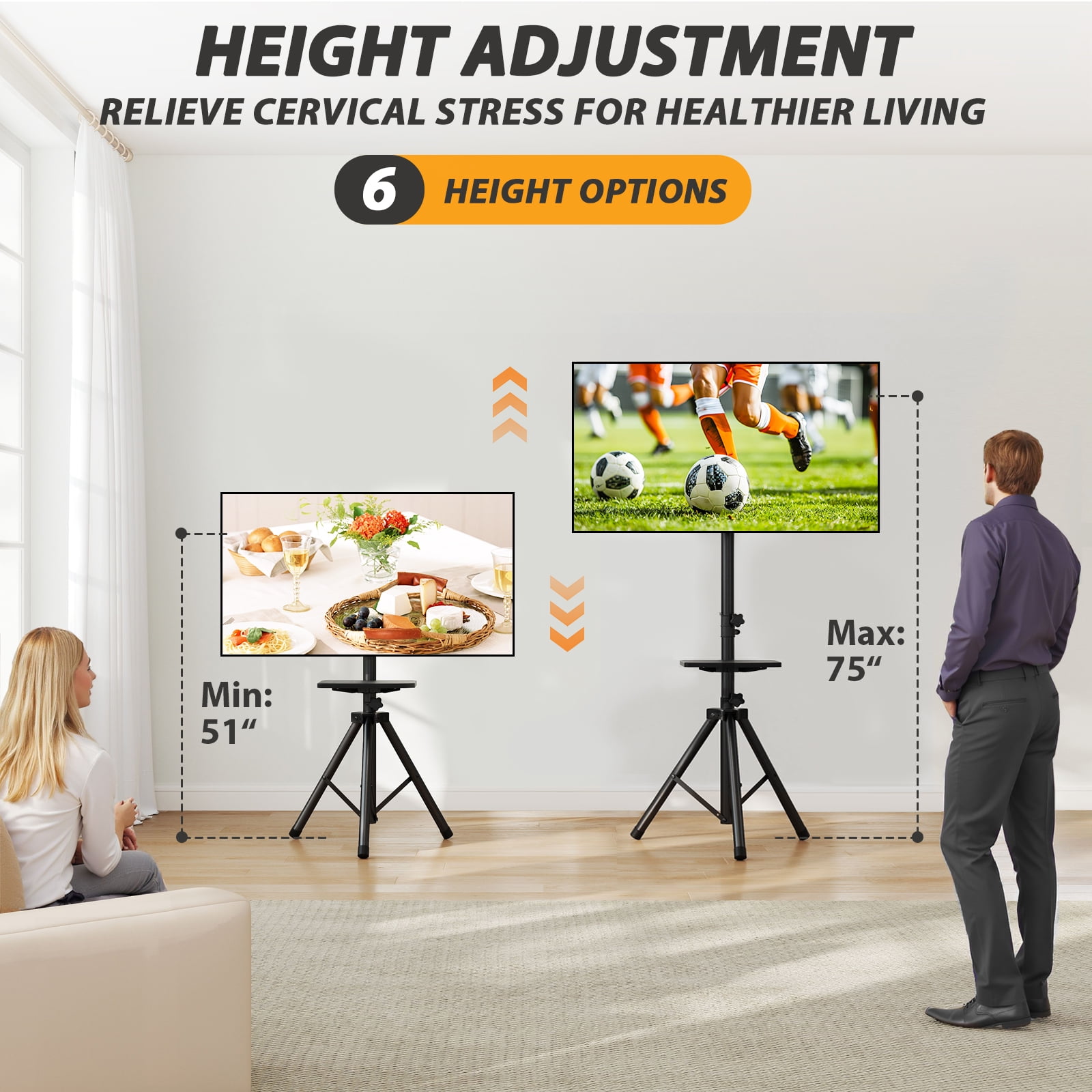 RTVR TV Tripod Stand with Mount for 23-75" TVs up to 100lbs, Height Adjustable Tilt Rotating Shelf & Non-Slip Base for Home, Max VESA 600x400mm, Black