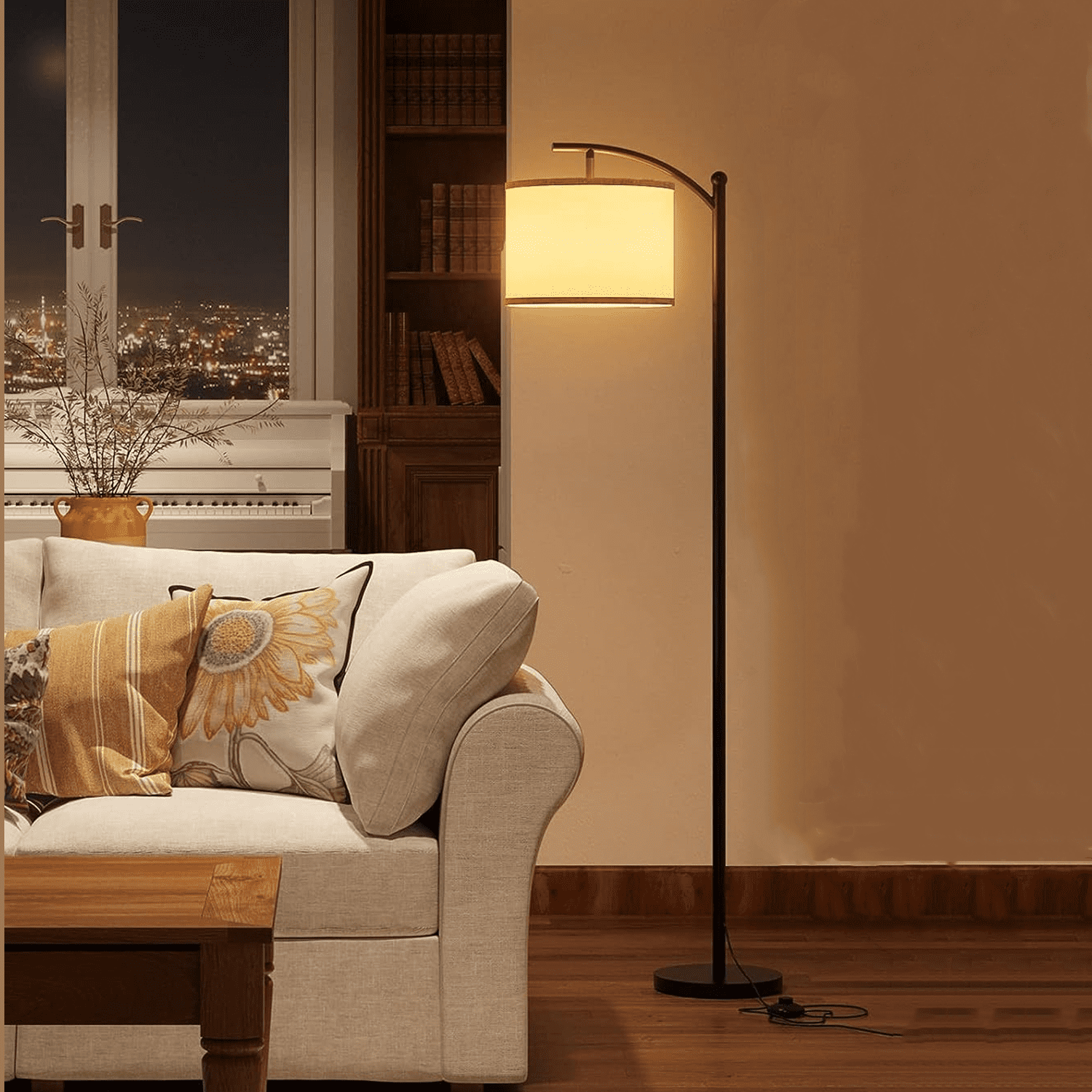 Floor Lamp for Living Room with 3 Color Temperatures, standing lamp with Linen lampshade for Bedroom, Office, Lamps with 9W LED Bulb Included - Black with Beige Lampshade