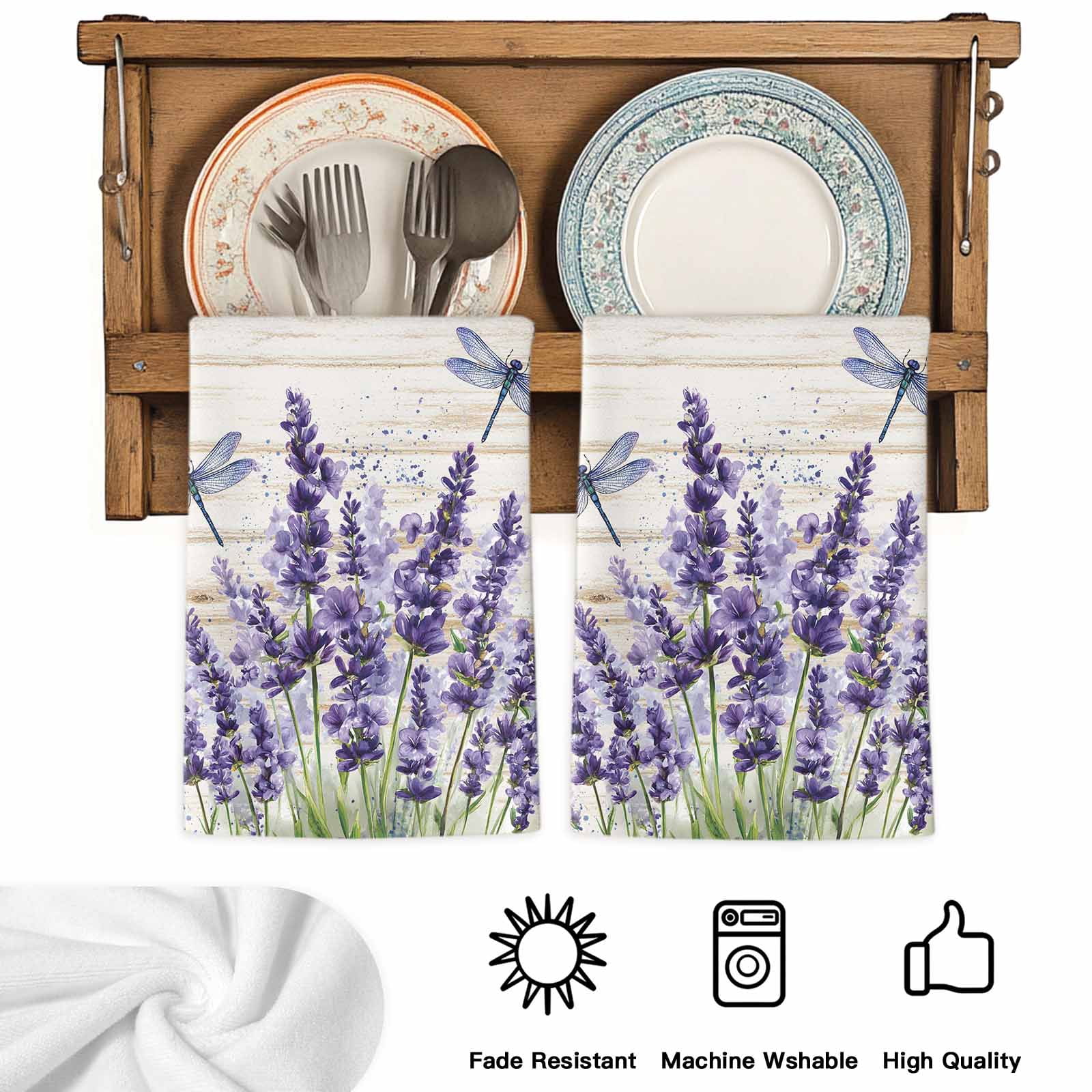 Purple Lavender Kitchen Towels Set of 2, Summer Watercolor Dragonfly Wooden Grain Absorbent Dish Towels for Kitchen, Microfiber Hand Towel, Quick Drying Tea Towel for Cleaning Decorative Dishcloths