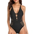 thumbnail image 1 of Traje de baño de una pieza sexy para mujer, de malla, con agujeros, control de abdomen, monokini, cuello en V, traje de baño, negro, 1 of 7