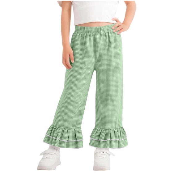 Ugoldhm Toddlers Gingham Ruffle Hem Wide Leg Pants Elastic Waist Checkered Cropped Trousers for Summer Wear