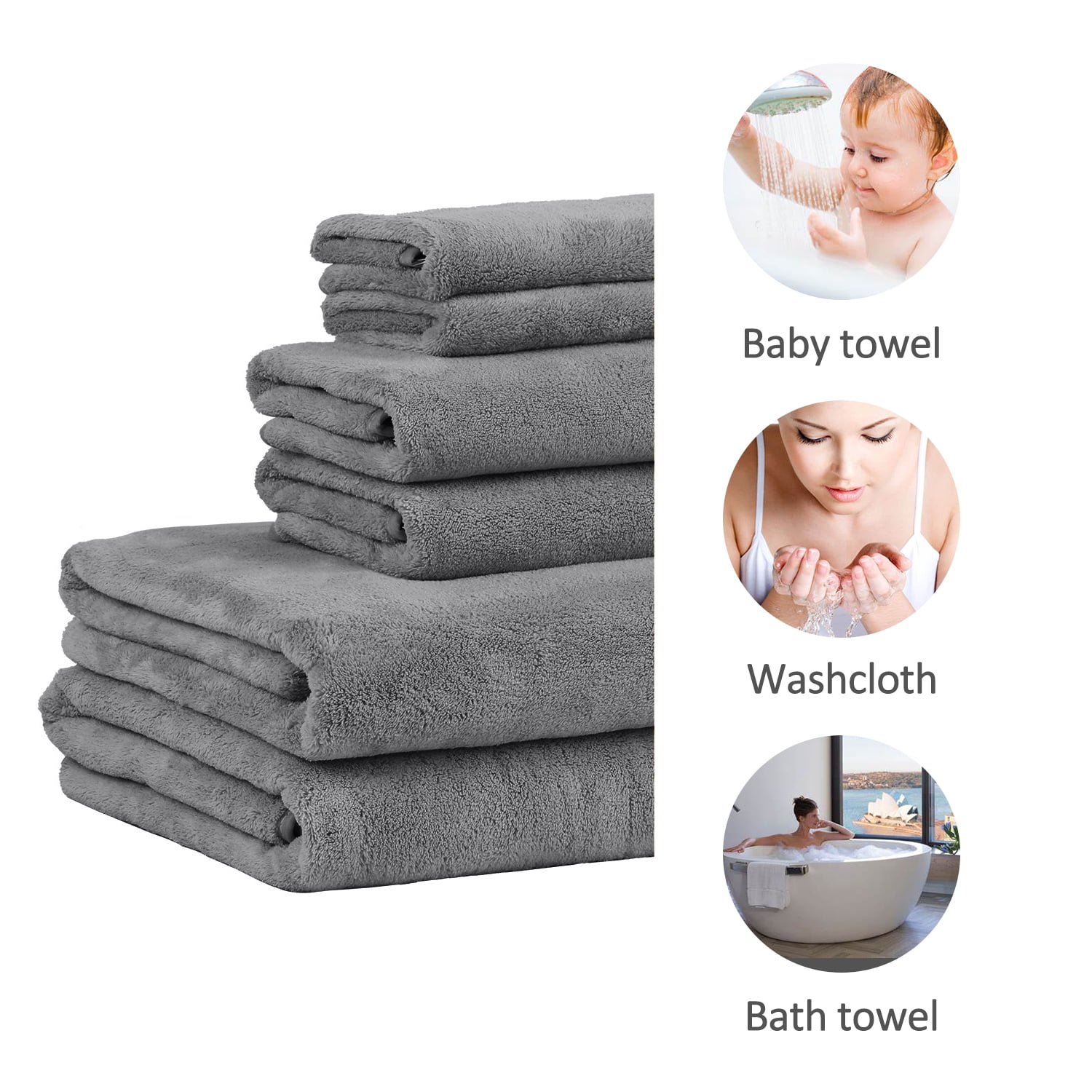 JML Microfiber Bath Towels 6 Pack, Bath Towel, Hand Towel, Washcloth, Grey