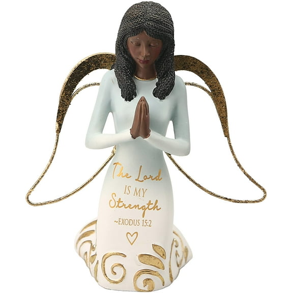 Pavilion Gift Company Lord is My Strength Exodus 15:2-5.25 Inch African American Kneeling Praying Collectible Resin Angel Figurine, Blue