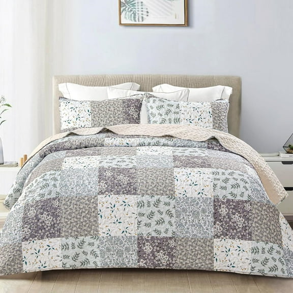 Whale Flotilla Reversible Patchwork Quilt Set King Size, Lightweight Boho Printed Bedspreads Coverlets Quilts Bedding Set with 2 Pillow Shams for All Seasons, Light Grey