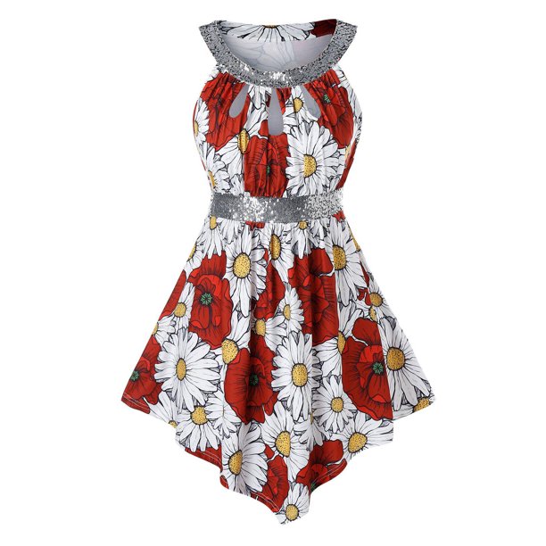 Más el tamaño de ojo de la cerradura de las lentejuelas de la impresión floral sin mangas Rosegal Camisetas sin mangas de talla grande