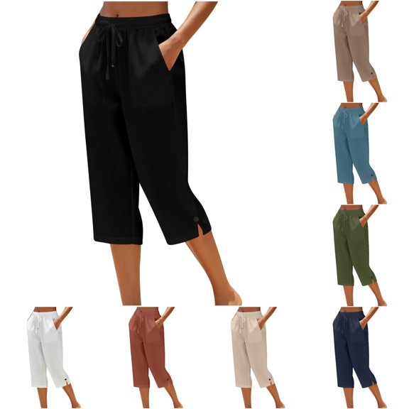 Ticikt Women’s Lightweight Textured Linen Cropped Capris, Elastic Waist With Pockets Pants for Summer Beach Casual Daily,Black