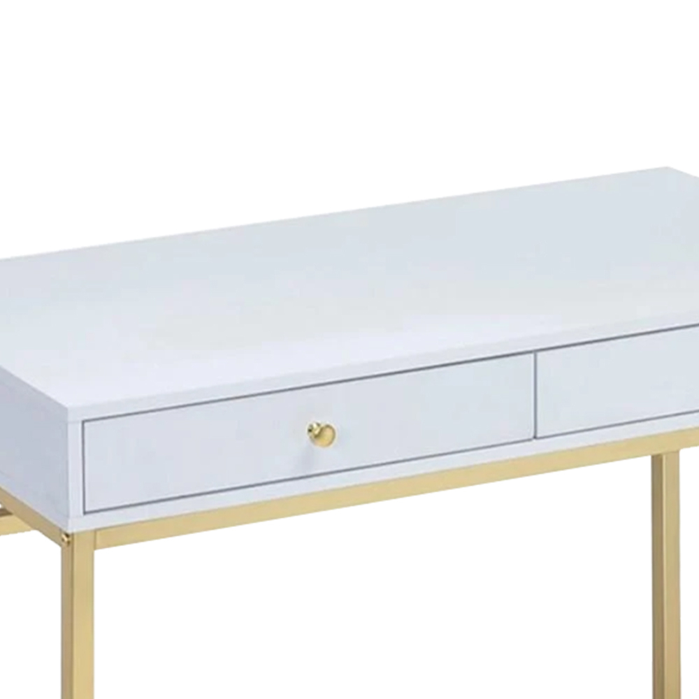 Rectangular Two Drawer Wooden Desk With Metal Sled Legs, White And Gold- Saltoro Sherpi - image 3 of 6