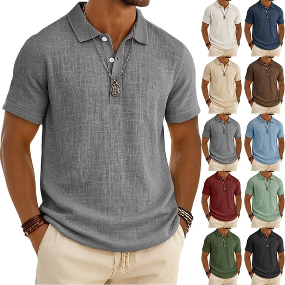 Hearthz Plus Size Linen Polo Shirts for Men Button Down Collared Men's Shirt Short Sleeve Casual Slim Fit Athletic T-Shirts for Men ,Navy S