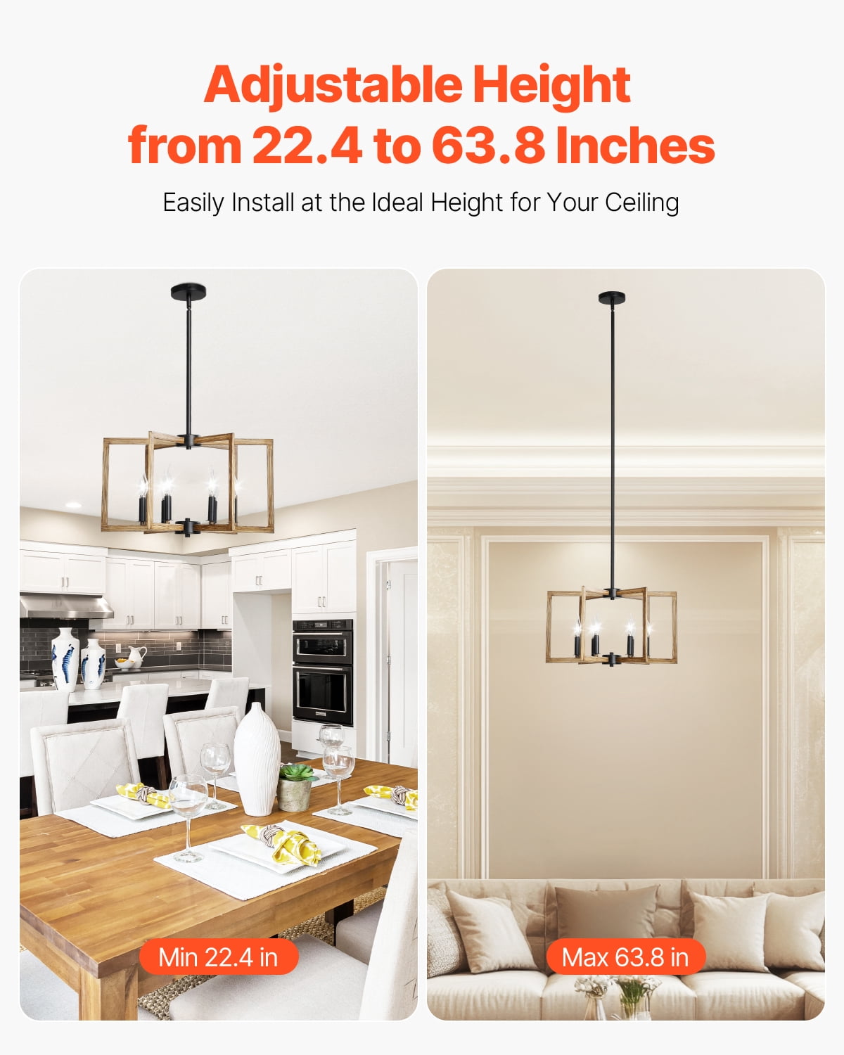 VEVOR 6-Light Chandelier, Metal Farmhouse Chandelier, Adjustable Height, Dining Room Hanging Light Fixture for Ceilings, Modern Chandelier for Bedroom, Foyer, Hall, Kitchen, Living Room