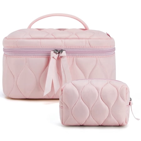 BAGSMART Travel Makeup Bag 2-Piece Puffy Quilted Cute Make Up Bag Cosmetic Bags for Women Large Wide-Open Toiletry Pouch Gifts for Toiletries Accessories Travelling Essentials Pink