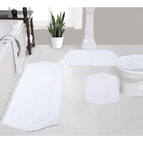 Home Weavers Waterford Collection 100% Cotton Non-Slip Bathroom Rug Set Machine Washable Toilet Lid Cover, Bath Rug, Bathroom Rug, Runner, White Color 4 Piece Bath Rug set