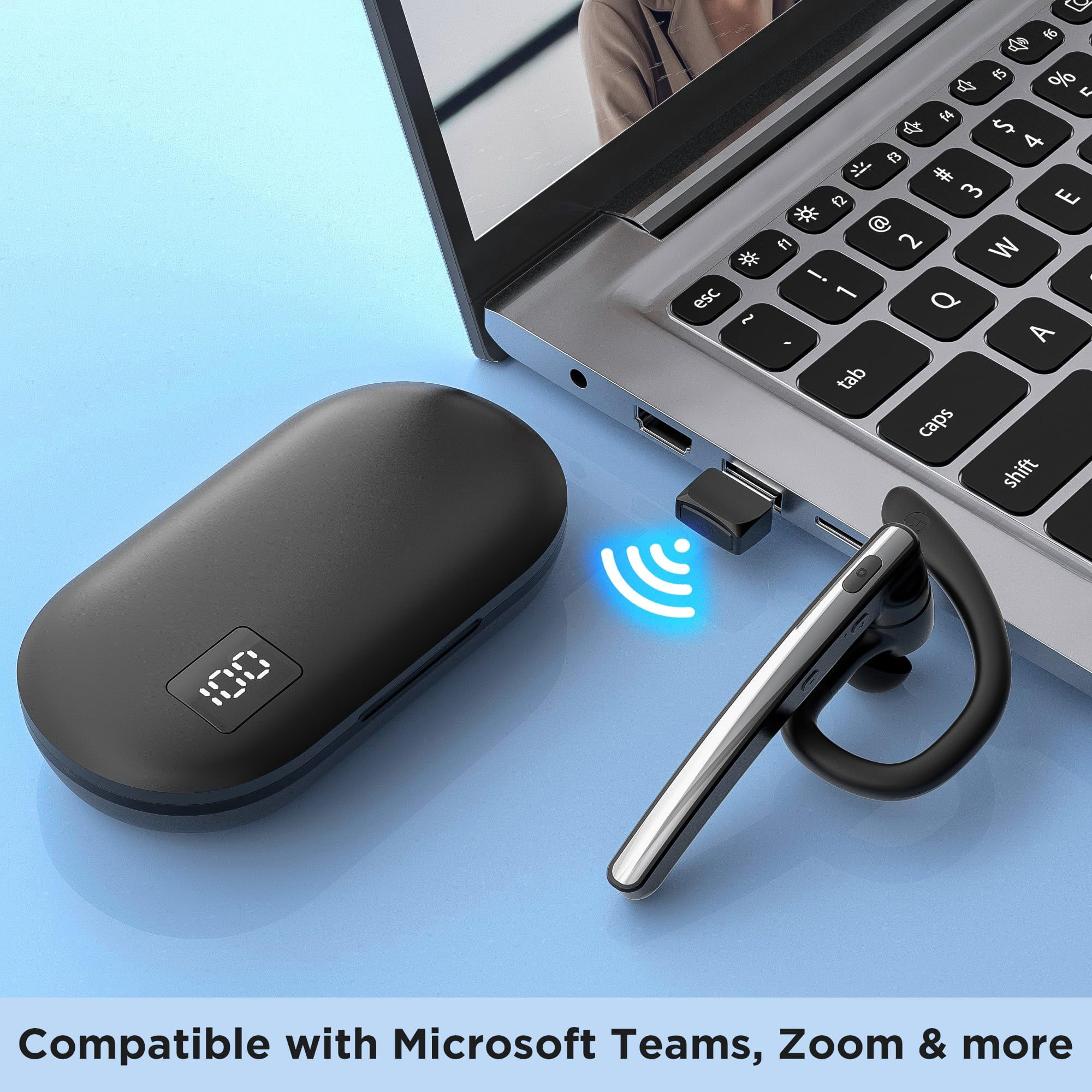 TERUNSOUl Bluetooth Headset V5.3 w/ 600mAh Case 110H Playtime, Mic