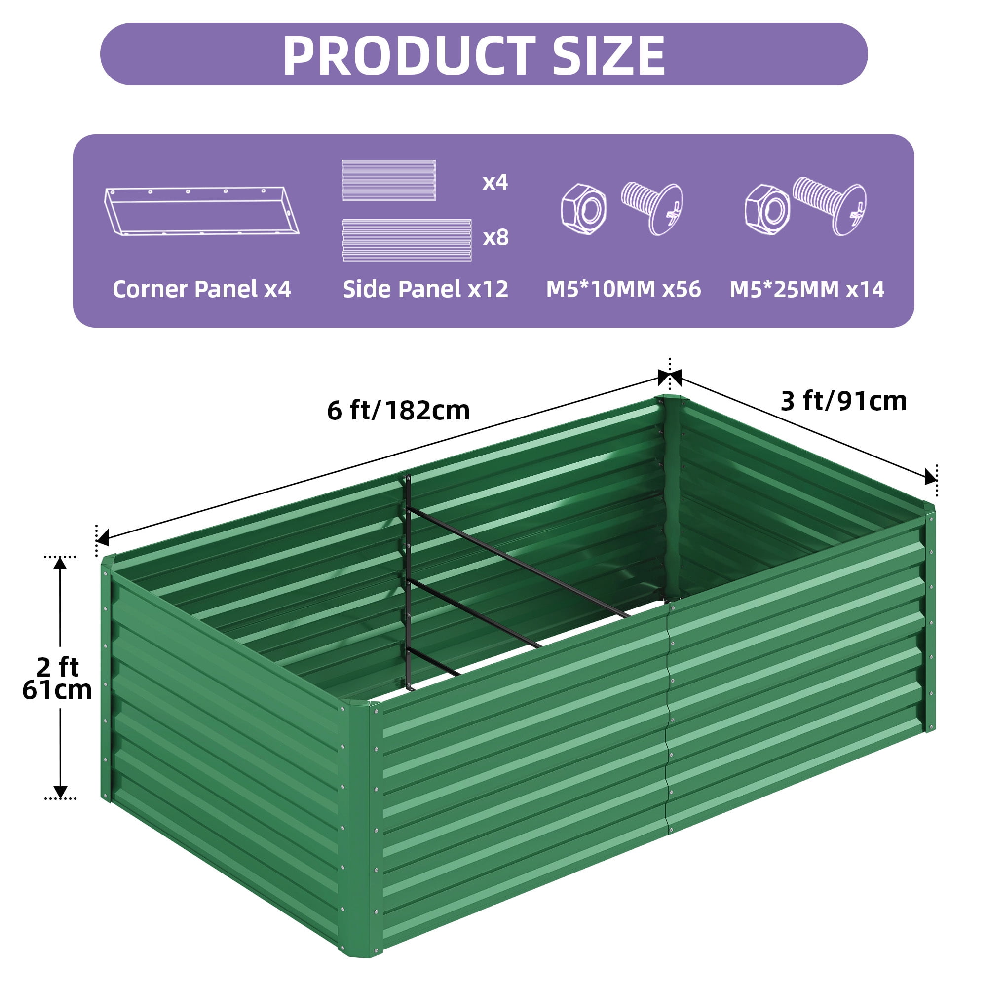 Uforic 6X3X2FT 1 Pack Galvanized Metal Raised Garden Bed Kit with Support Rod & Gardening Gloves, Outdoor Above Ground Planter Box for Plants Vegetables Flowers, Green