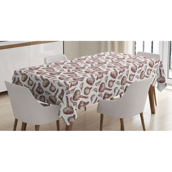 Kitchen Tablecloth, Retro Look Garlic Hand Drawn Food Illustration Plain Background, Rectangle Satin Table Cover Accent for Dining Room and Kitchen, 60" X 84", Eggshell Grey Pink, by Ambesonne