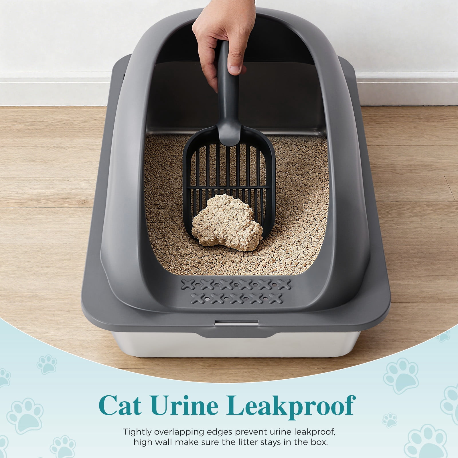 CONCETTA 24in Stainless Steel Cat Litter Box with Lid, Large Cat Litter Box for Cats, High Wall Sides, Anti-Urine Leakage, Easy Cleaning, Scoop and Mat Included, Dark Grey