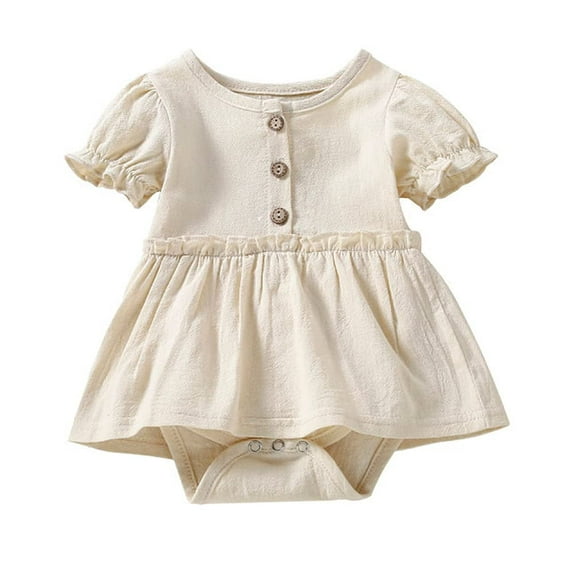 StylesILove Infant Baby Girls Solid Button Front Ruffle Short Sleeve Cotton Romper Dress Spring Summer Dressy Outfit (Beige, 24 Months)