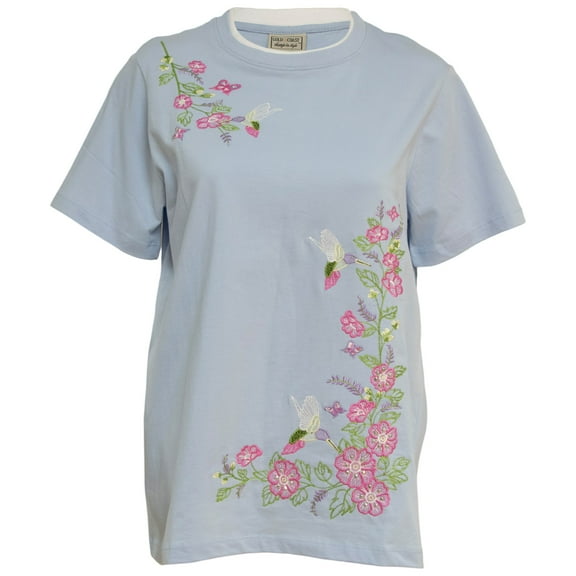 Gold Coast Women's Embroidered Hummingbird & Floral T-Shirt in Light Blue, XL