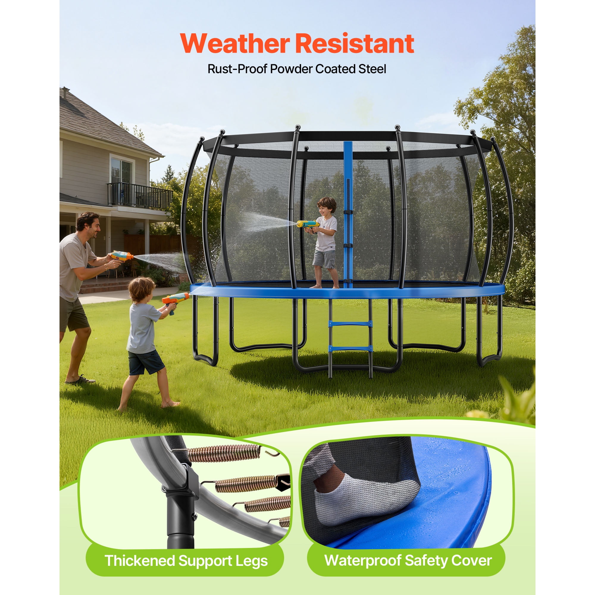 KFFKFF 15FT Outdoor Trampoline with Safety Enclosure Net, Durable Frame, and Thick Protective Pad, Supports Up to 470 lbs, Rust-Resistant Design for Backyard Fun
