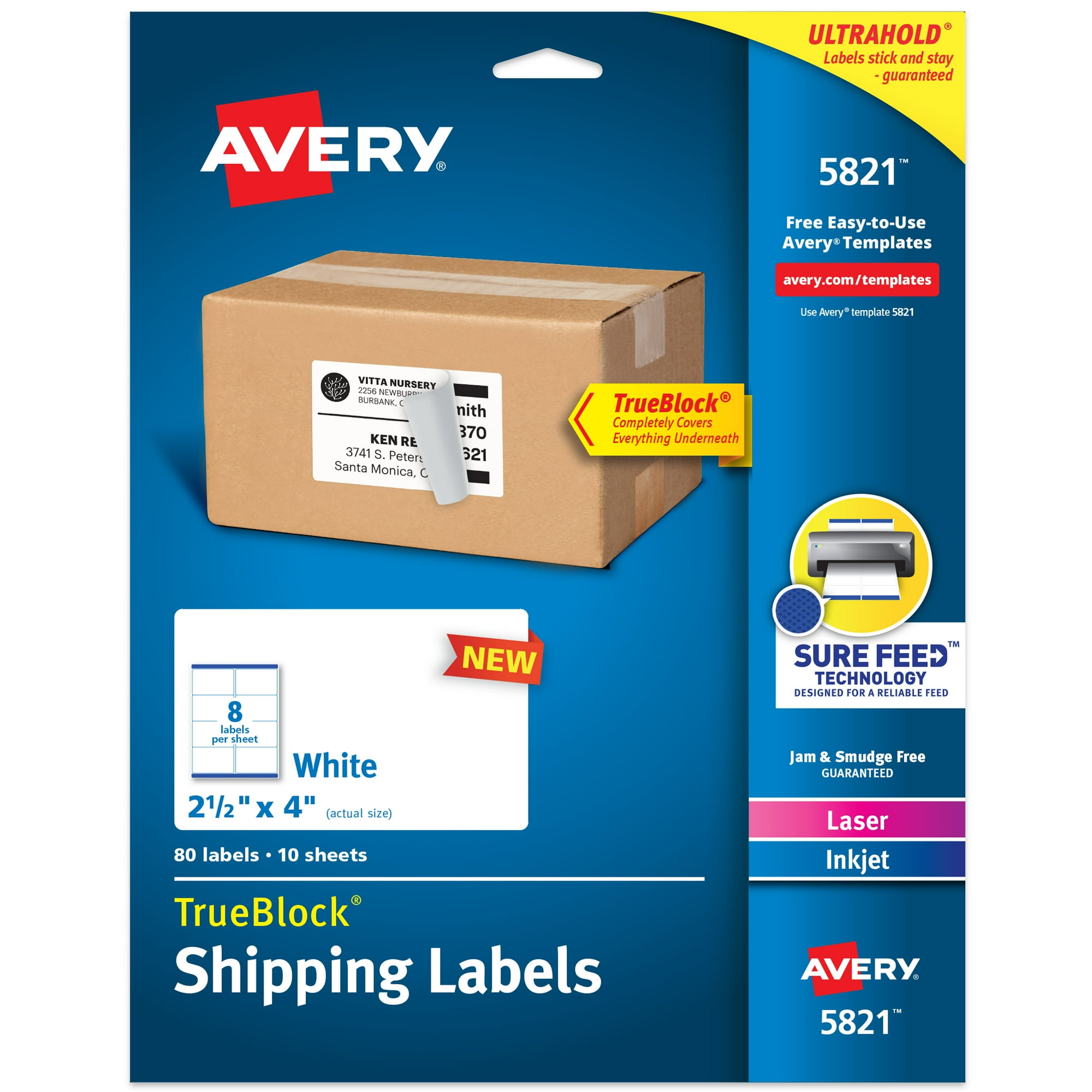 Avery Shipping Labels, 2-1/2" x 4", Paper, White, TrueBlock®, Laser/Inkjet, 80 Labels (5821)