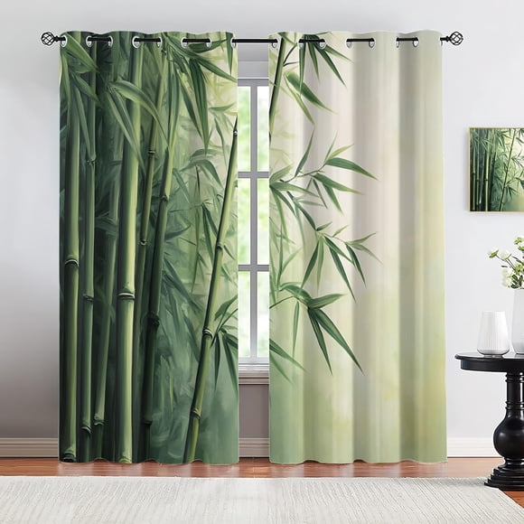 Chinese Ink Painting Blackout Curtains, Bamboo Forest Landscape Window Drapes for Bedroom Living Room, Grommet Curtains for Kitchen Home Decor 53"W x 96"L (2 Pack)