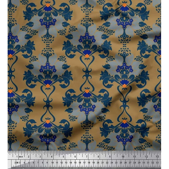 Soimoi Brown Cotton Duck Fabric Floral Damask Print Fabric by the Yard 42 Inch Wide
