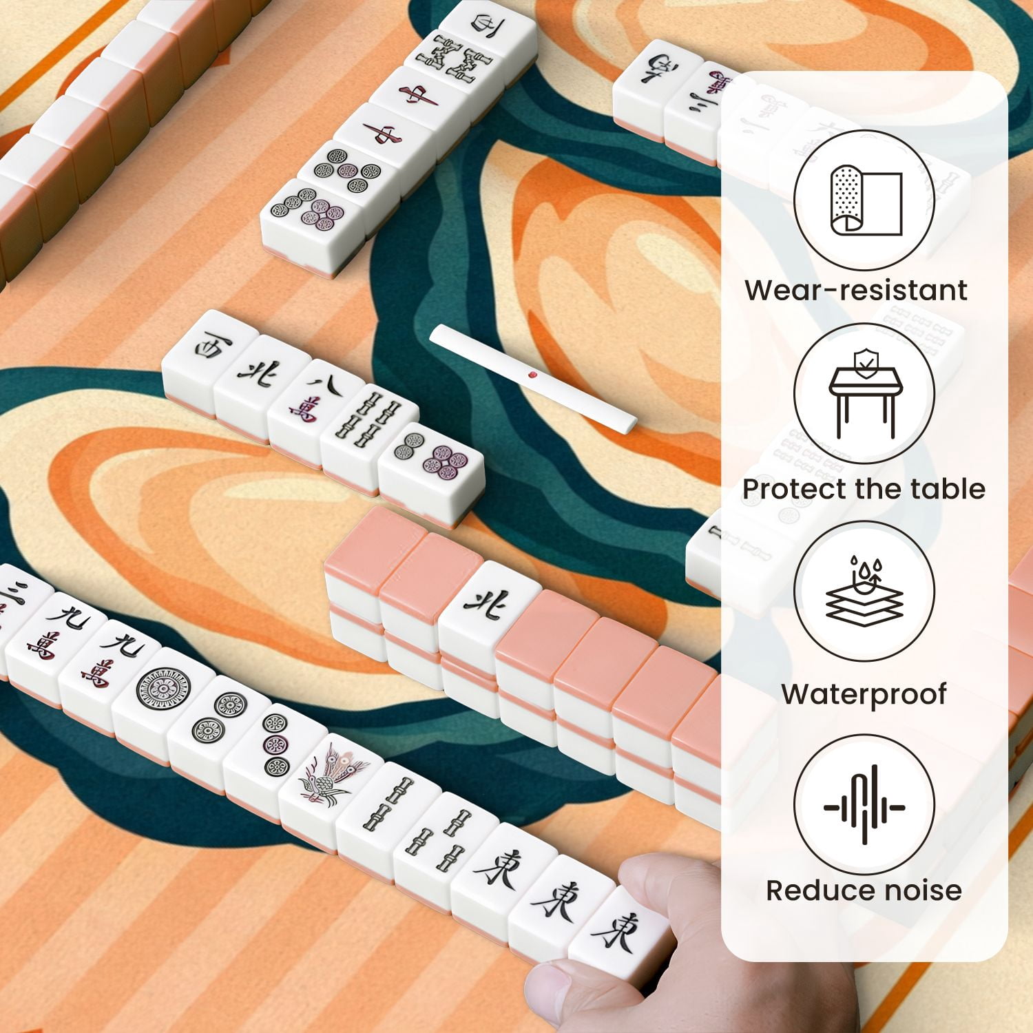 Mahjong Mat 31.5" x 31.5" Stacked Oysters Retro Style Bold Orange Teal Colors Non-Slip Noise Reduction Mahjong Tiles Table Cover for Dominoes Poker Card Board and Tile Games