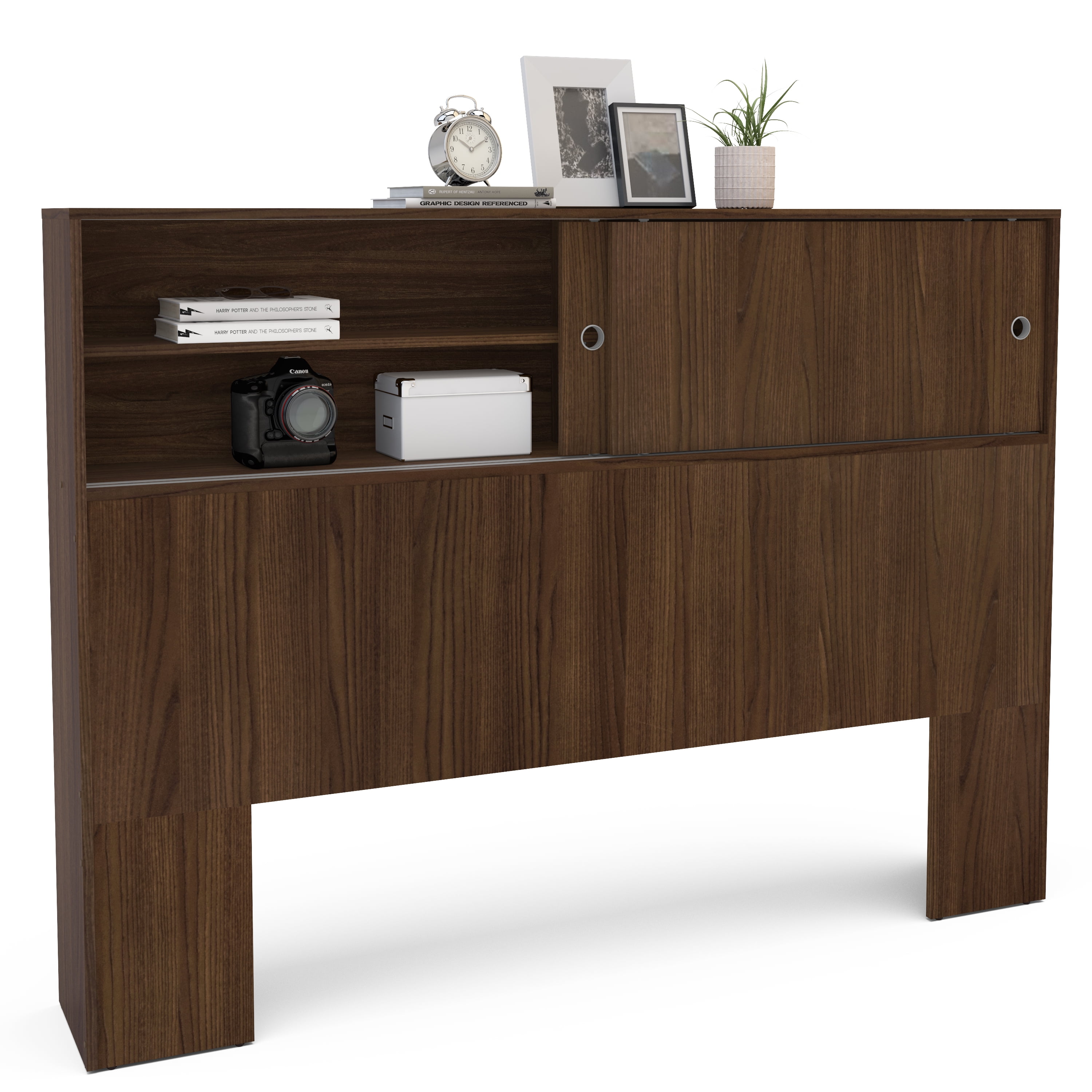 Polifurniture Victoria Queen Size Wood Storage Headboard, Walnut