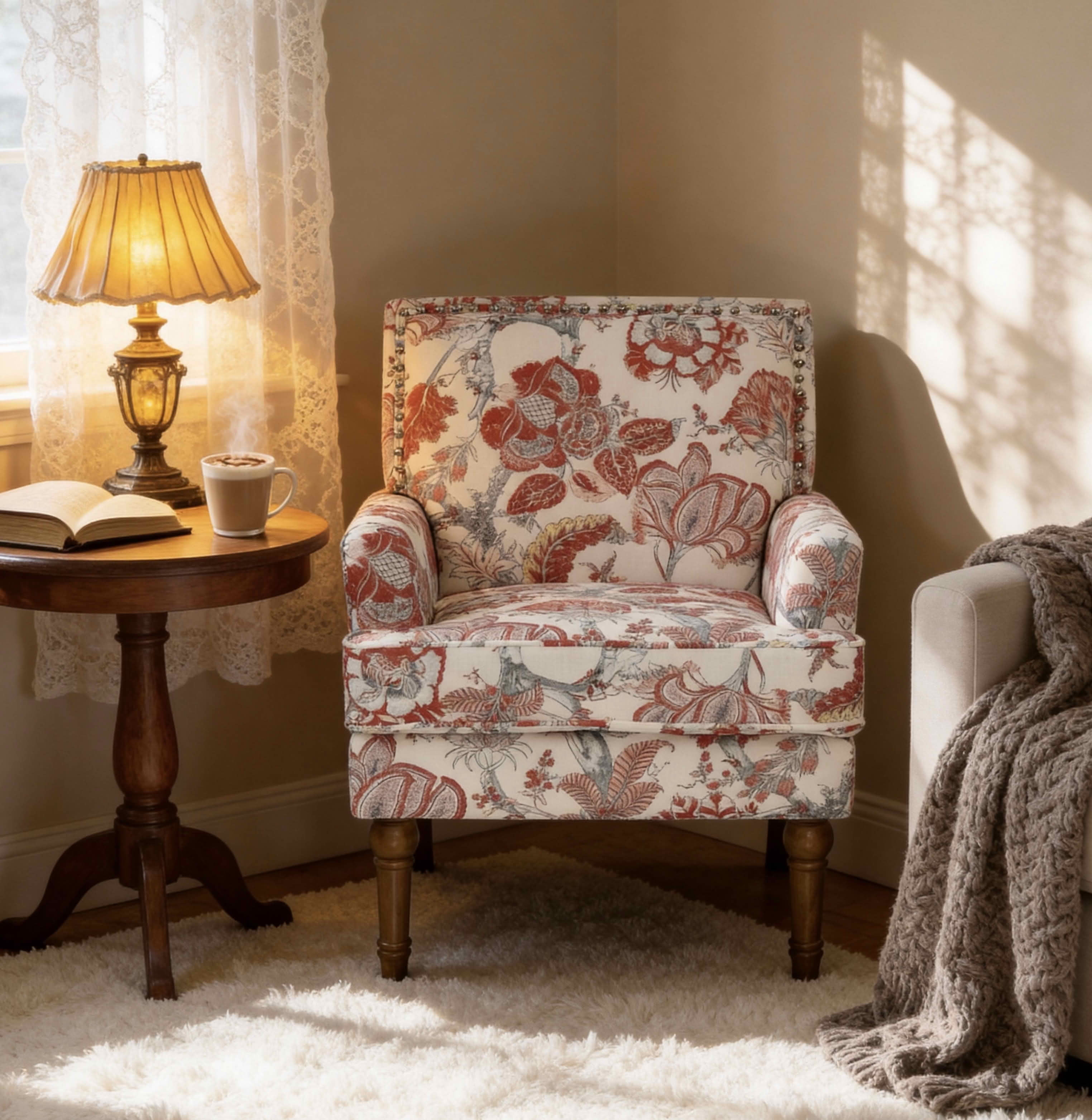 MAYEERTY 29 In Floral Accent Armchair, Farmhouse Upholstered, Nailhead Trim, Wood Legs, Red