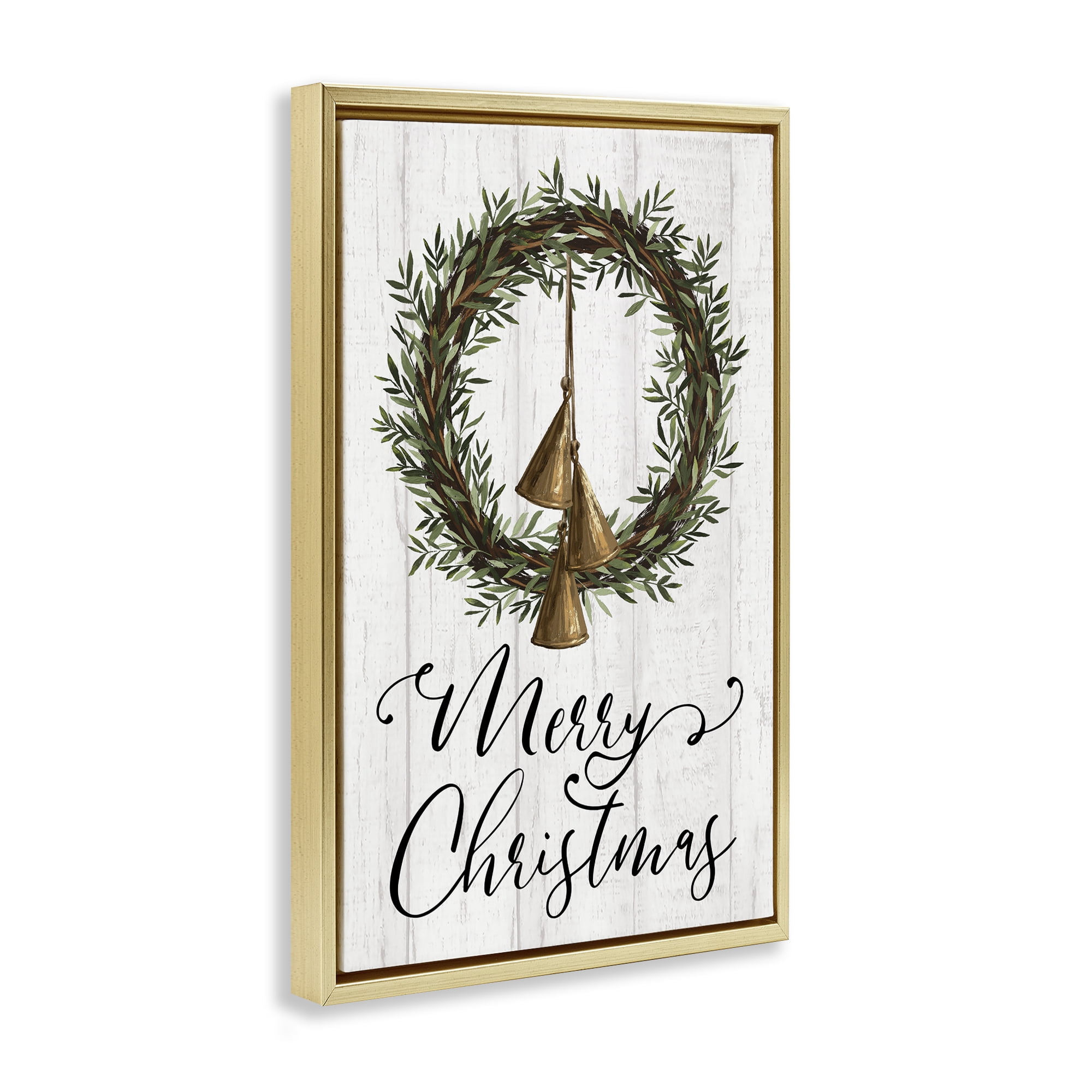 Stupell Industries Christmas Wreath & Bells Holiday Painting Gold Floater Framed Canvas Art Prints Wall Art, 21 x 31