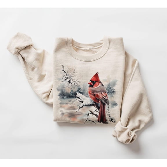 Retro Red Cardinal Winter Scene Sweatshirt - Nineties 90s Birding Bird Watching Outfit - Boho Unisex Crewneck Sweatshirt