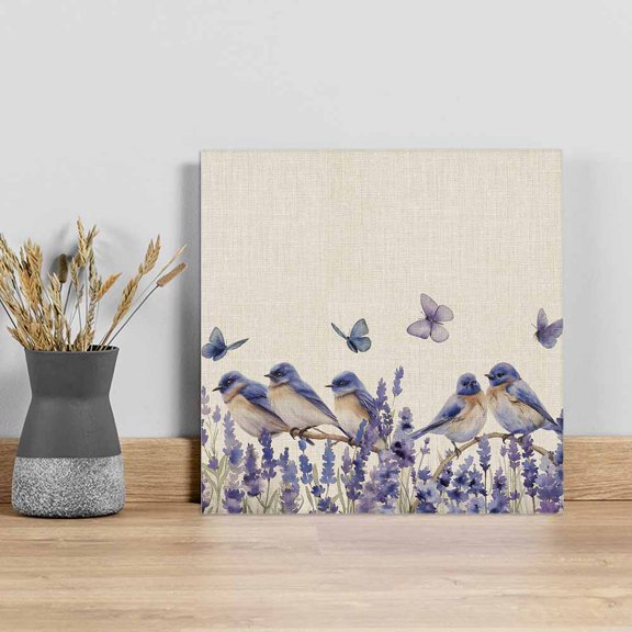 Purple Spring Floral Wall Art Painting on Canvas, Summer Birds Butterfly Farmhouse Canvas Art Home Prints Wall Art Framed Modern Artwork for Living Room Bedroom Wall Decor 8x8in
