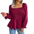 thumbnail image 1 of Blusa Tipo Babydoll de Larga con Cuello Cuadrado, Fruncido, Dobladillo con Volantes y Peplum Fruncido para Mujer. Vino Tinto L, 1 of 10