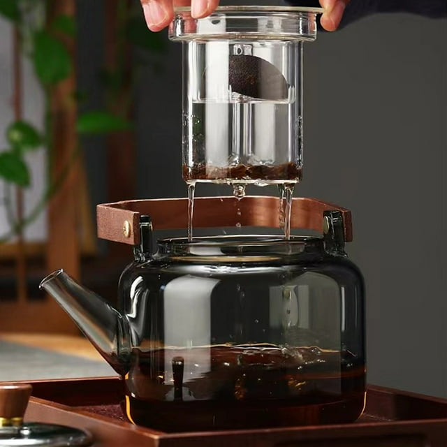 Fiudx Tetera de Vidrio de Borosilicato, Elegante Mango de Madera de Nogal, Diseño de Doble Hoja, Alta Retención de Calor, Calentamiento Por Llama Abierta, Vertido Sin Esfuerzo, Ideal para La Hora Del