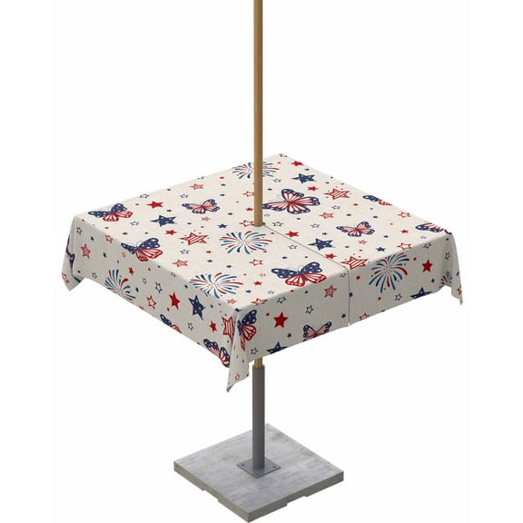 4th of July Butterfly Fireworks Square Tablecloth with Zipper,Waterproof Table Cloth with Umbrella Hole Patio Tablecloths for Outdoor Tables,Red Blue Stars Retro Linen Washable Spillproof Table Cover