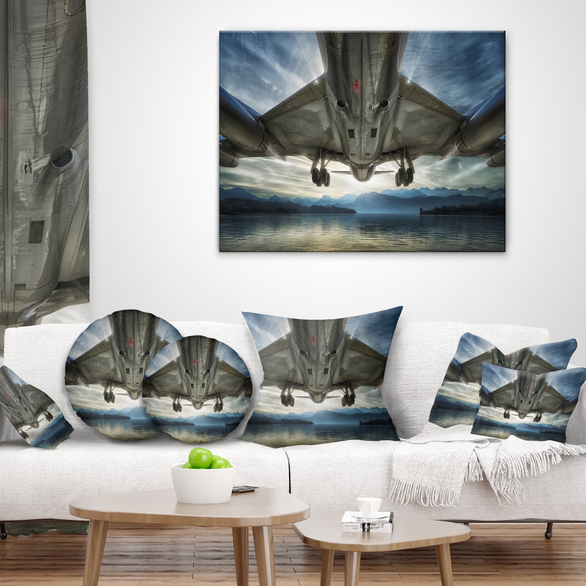 Designart Plane Over Beach and Sea - Seashore Photography Throw Pillow - 18x18