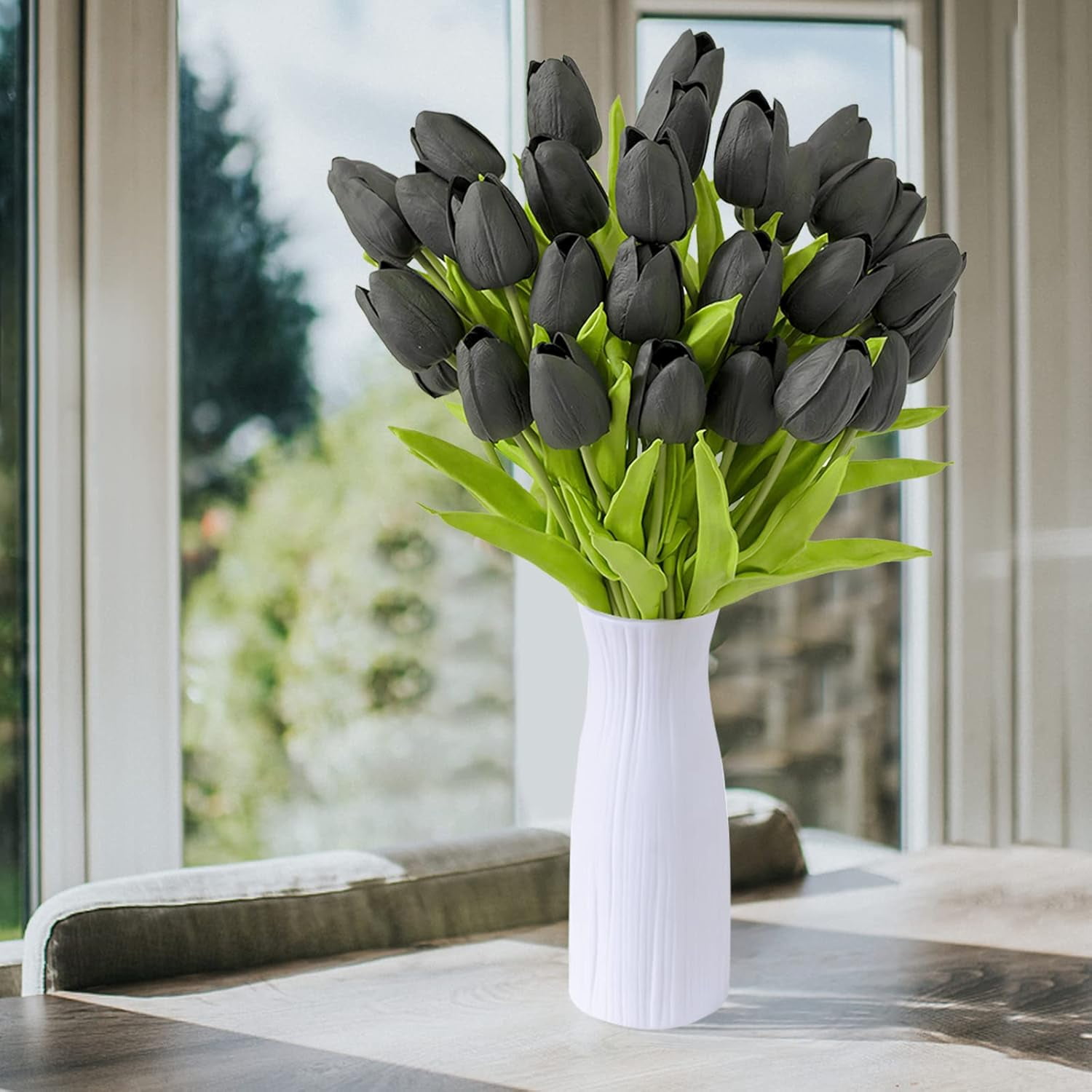 30Pcs Artificial Tulip Flowers Faux Tulip Stems PU Real Touch Tulips 13.7" for Spring Easter Vase Wedding Bouquets Floral Arrangements Wreath Table Centerpiece Indoor Outdoor Decoration (Black)