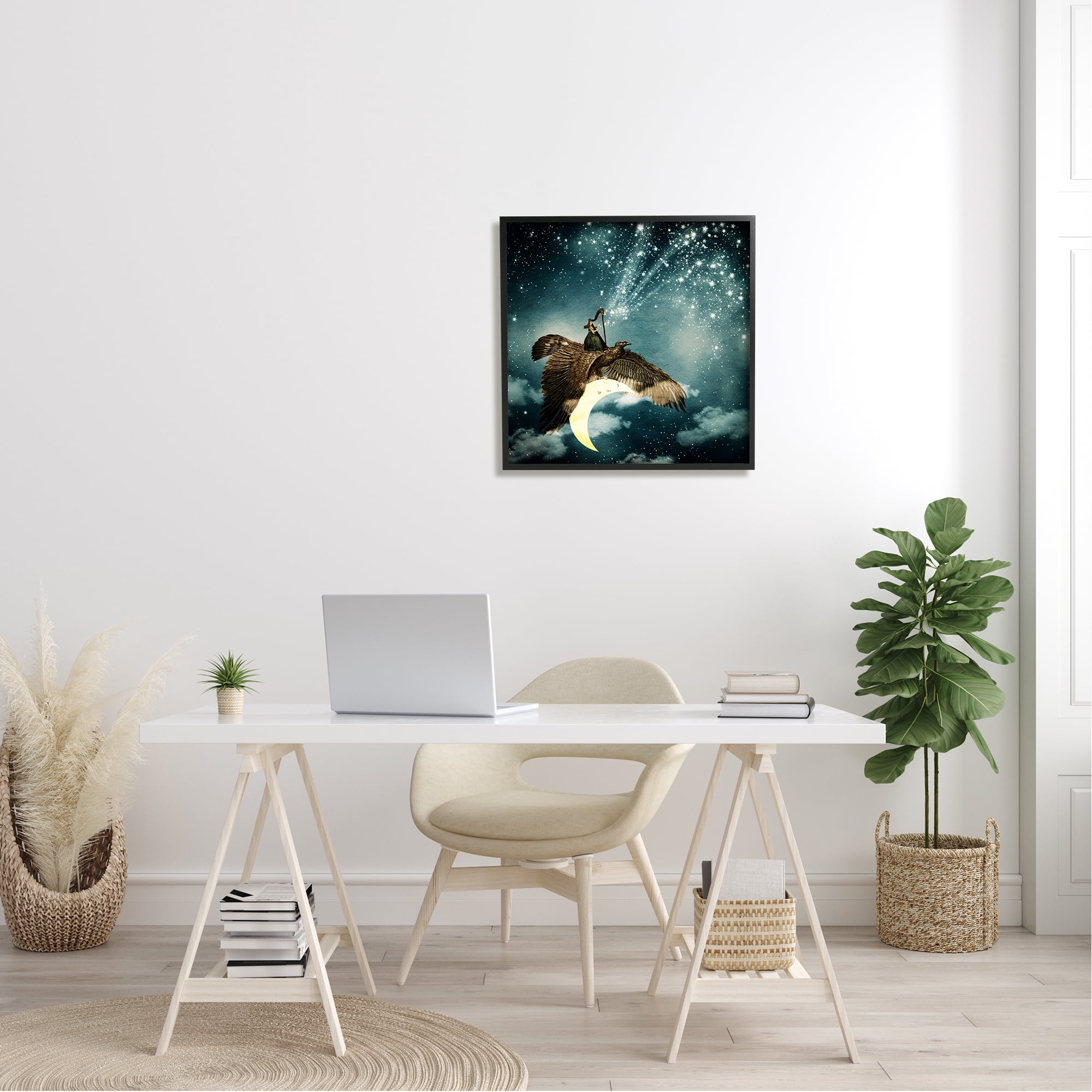 Dreamy Surreal Bird Flying Moon Harp Galaxy Stars Animals & Insects Painting Framed Art Print Wall Art