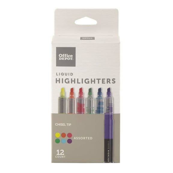 Office Depot Brand(R) Liquid Ink Highlighters With Chisel Tips, Assorted Colors, Pack Of 12, OD24660