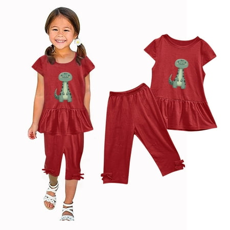 

Ismonst Girls 2 Piece Summer Outfit Crewneck Bow Capris and Tshirt Casual Basic Short Sleeve Shirt Sets Print Clothing Set