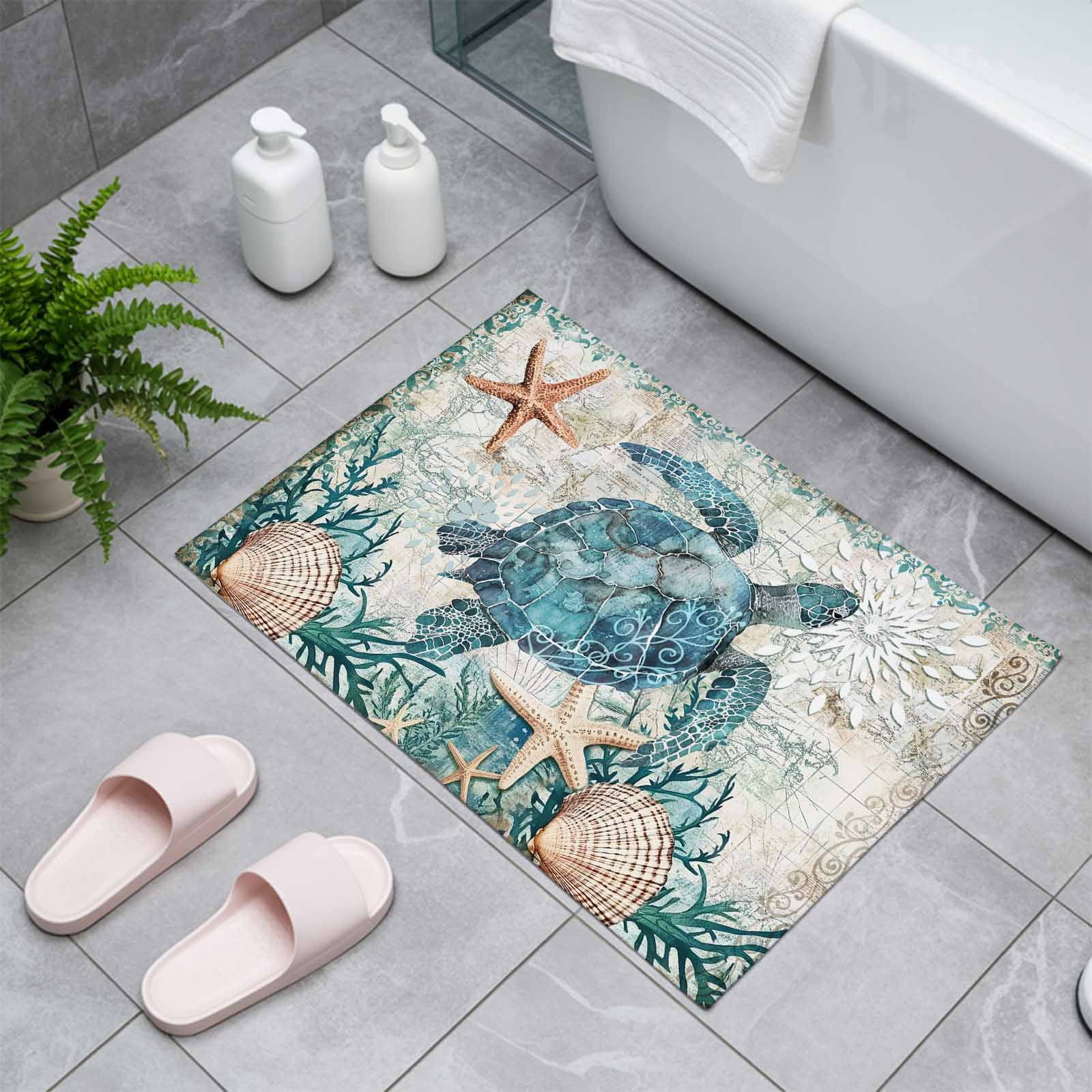 Teal Sea Turtle Indoor Door Mat - 16"x24", Non-Slip Welcome Mat for Outdoor, Coastal Coral Ocean Nautical Vintage Front Doormat for Entry, Low-Profile Doormat Entrance Rug for Kitchen/Bathroom