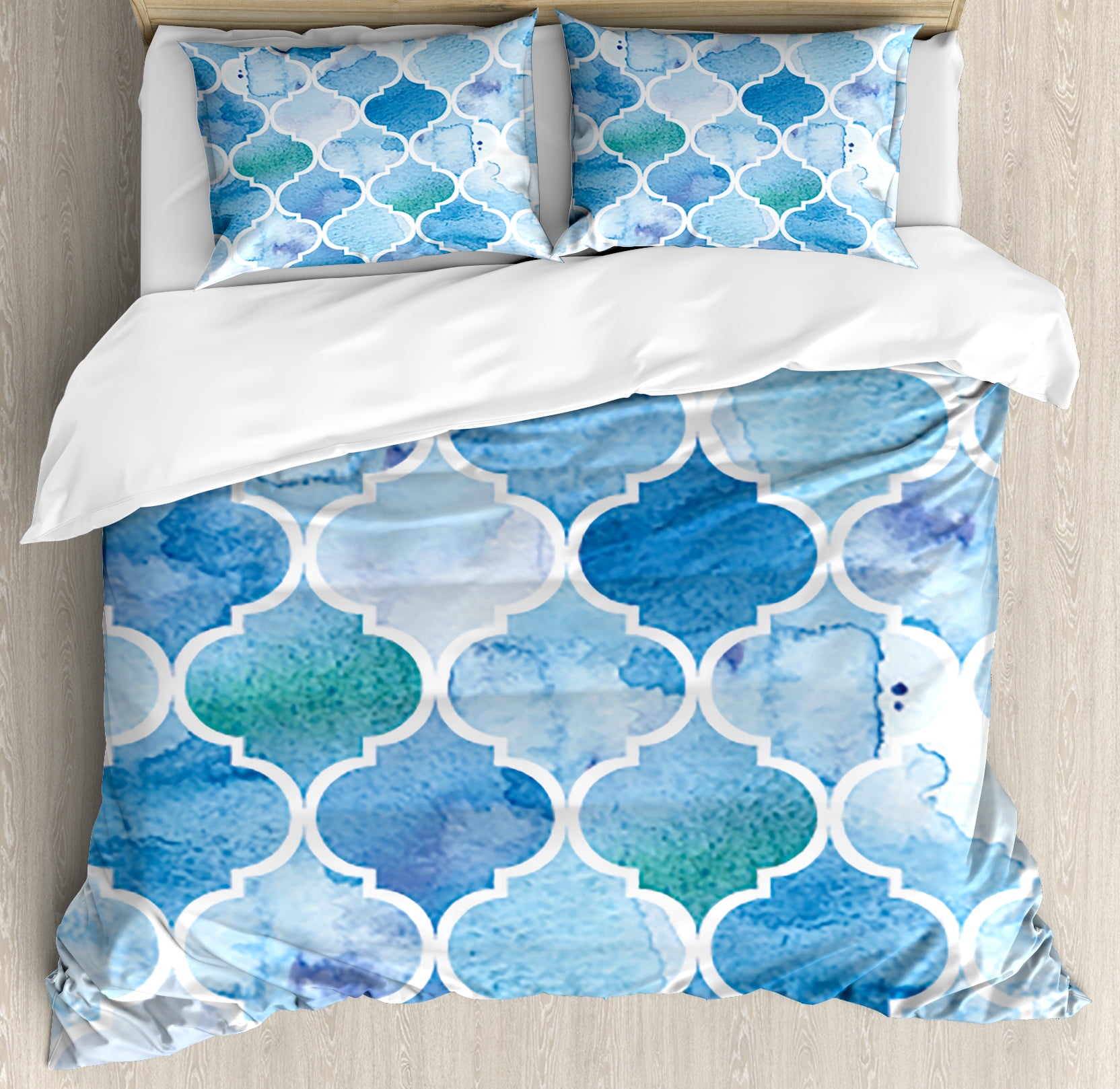 Watercolor Duvet Cover Set, Abstract Moroccan Trellis Geometric Pattern