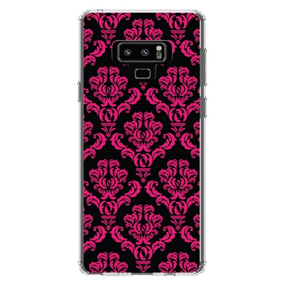DistinctInk Clear Shockproof Hybrid Case for Samsung Galaxy Note 9 - TPU Bumper, Acrylic Back, Tempered Glass Screen Protector - Black Hot Pink Damask Pattern - Floral Damask Pattern