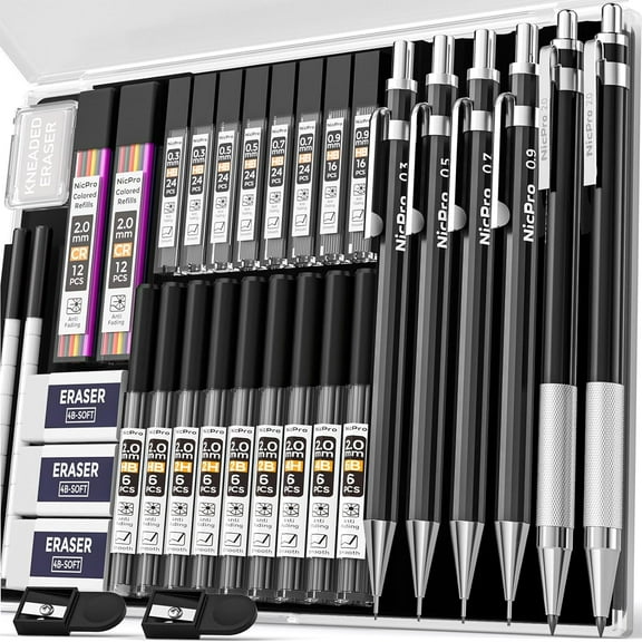 Nicpro 34PCS Black Art Mechanical Pencils Set, Metal Drafting Pencil 0.3, 0.5, 0.7, 0.9 mm & 2PCS 2mm Lead Holder (6B 4B 2B HB 2H 4H Colors) For Sketching Drawing with 19 Tube Lead Refills Case