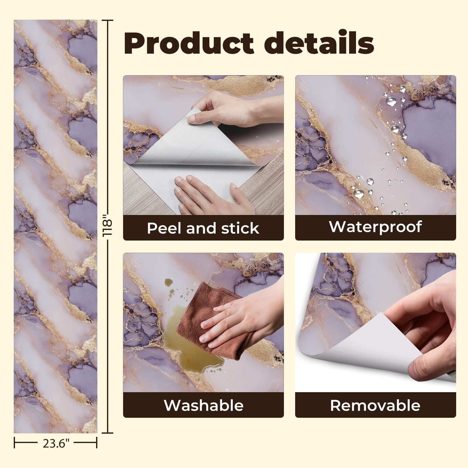 Peel and Stick Wallpaper Abstract Purple Gold Marble Fluid Swirls Wall Mural 23.6in x 9.8ft Self Adhesive Removable Wall Paper Renter Friendly Wallpaper for Nursery Bedroom Cabinets