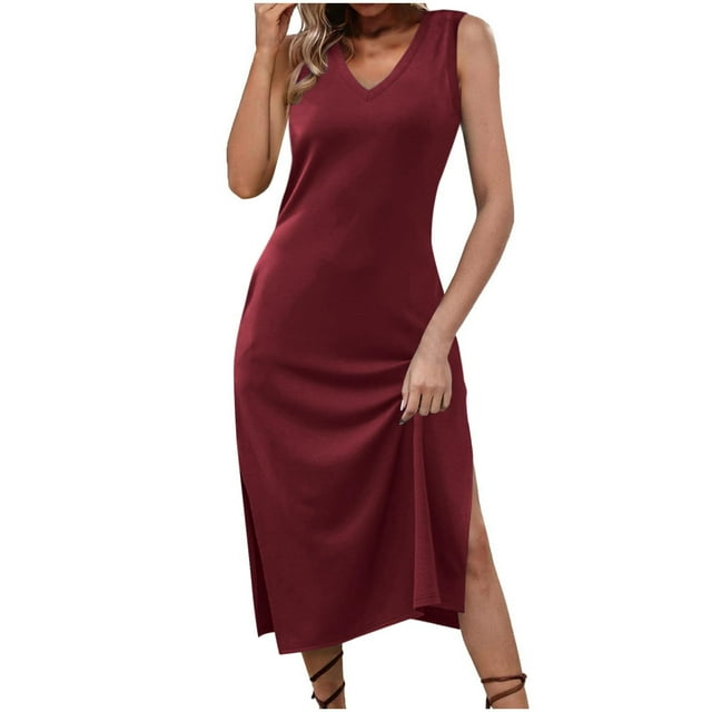 LOVZFMLL Dresses Women's Summer Fashion Solid Color Pocket Sleeveless-Neck Dress