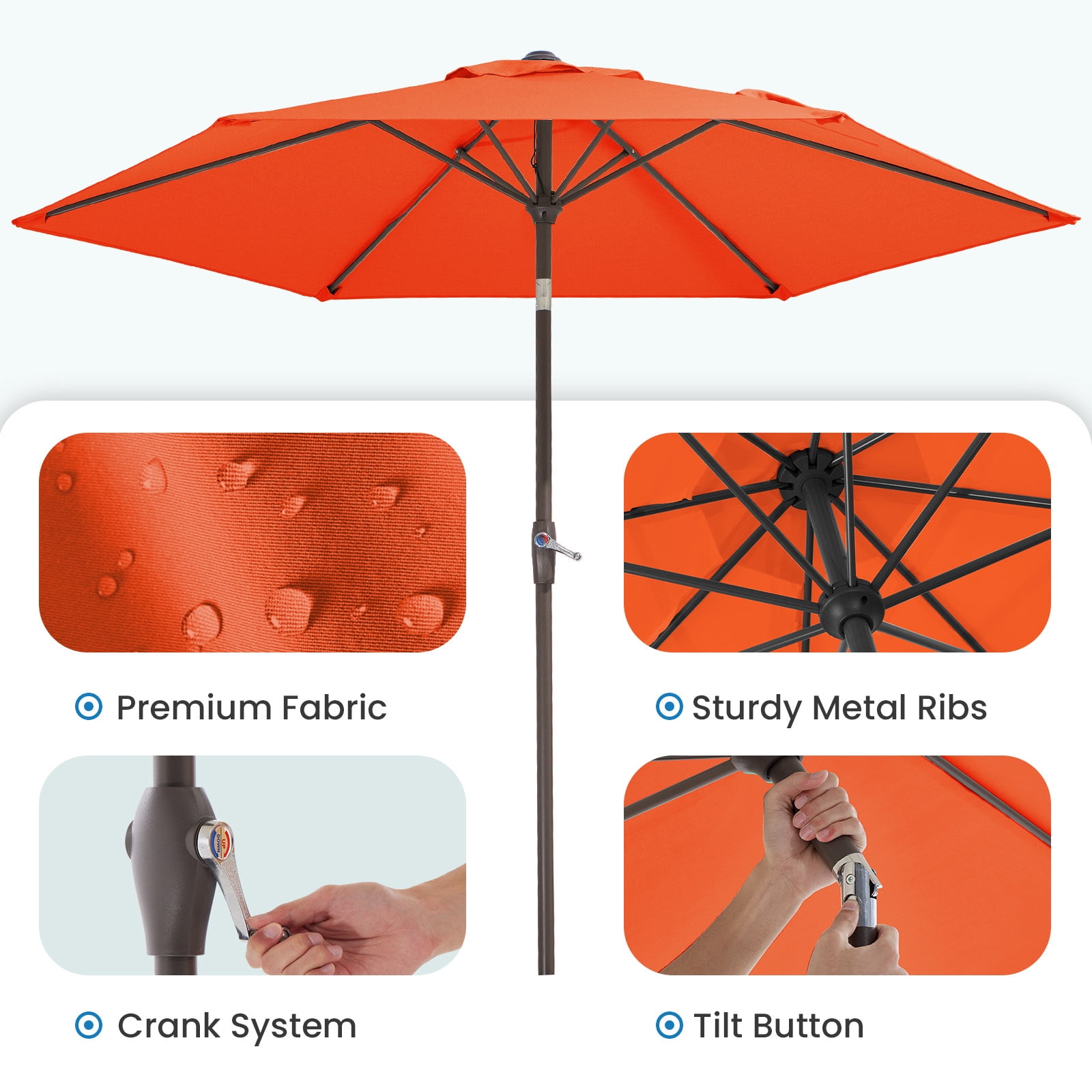FUNDAZE 7.5' Outdoor Market Patio Umbrella with Push Button Tilt & Crank Lift, UV-Resistant Canopy for Garden, Backyard, Deck, Pool & Patio Dining, Orange
