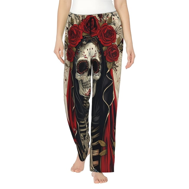Fotbe Gothic Skull With Roses Pantalones de Pijama para Mujer, Pantalones de Dormir, Pantalones Pj con Cordón y Bolsillos-XX-Large