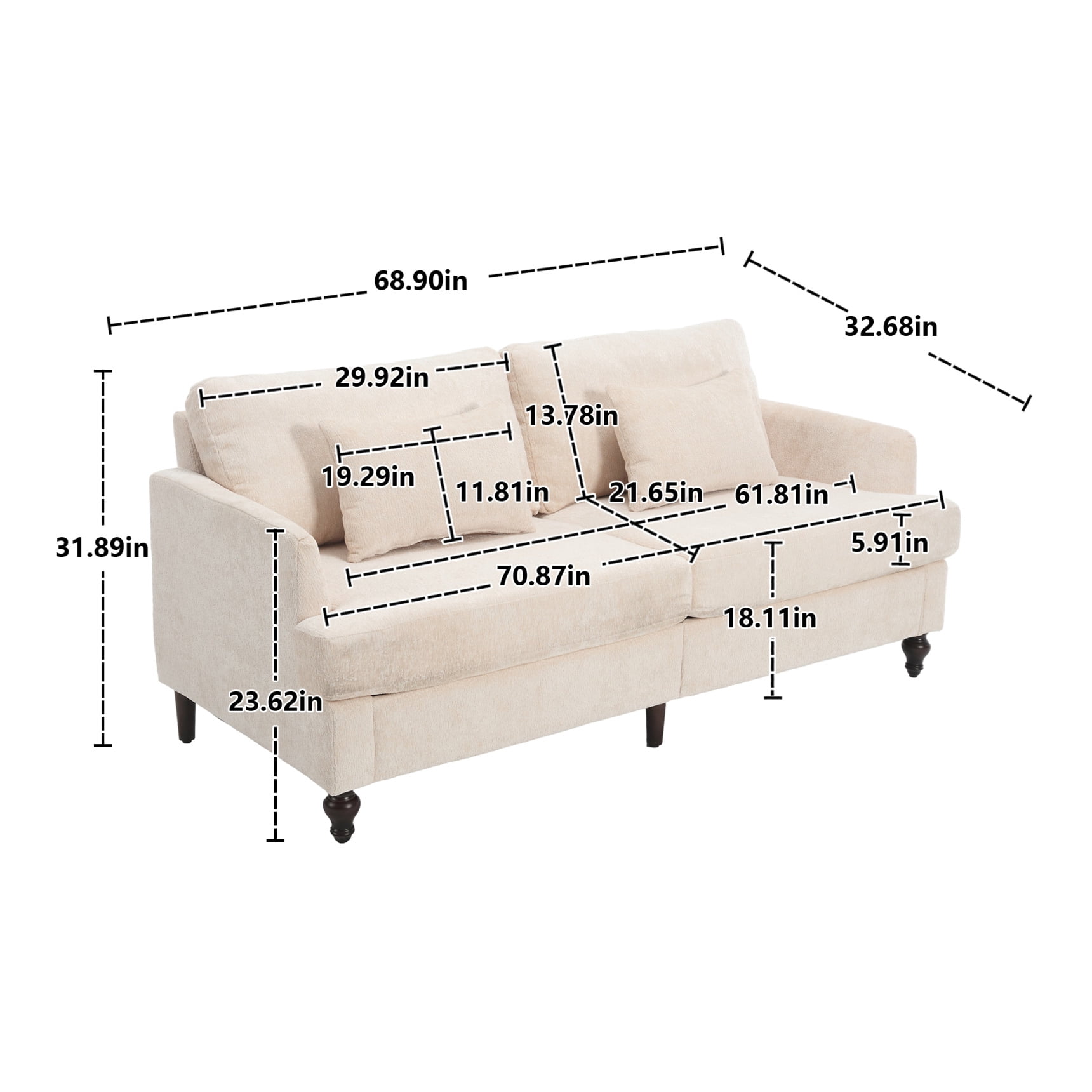 69 Inch Loveseat Sofa, Modern Chenille Upholstered 2 Seater Couch with Lumbar Pillows, Lounge Sofa for Living Room Bedroom Apartment Office, Beige
