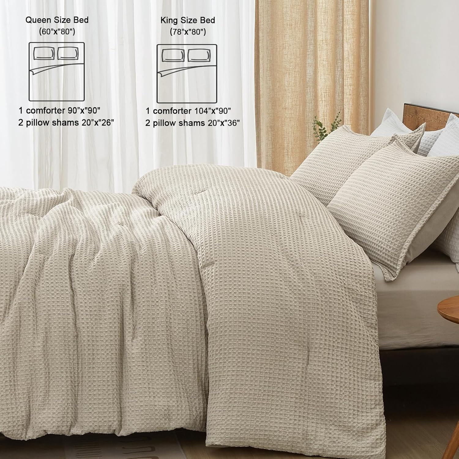 PHF 3-Piece Waffle Weave Comforter Set Queen Size, Lightweight Comfy Bedding Set for All Season, Ultra Soft Textured 1 Comforter with 2 Pillow Shams, Linen