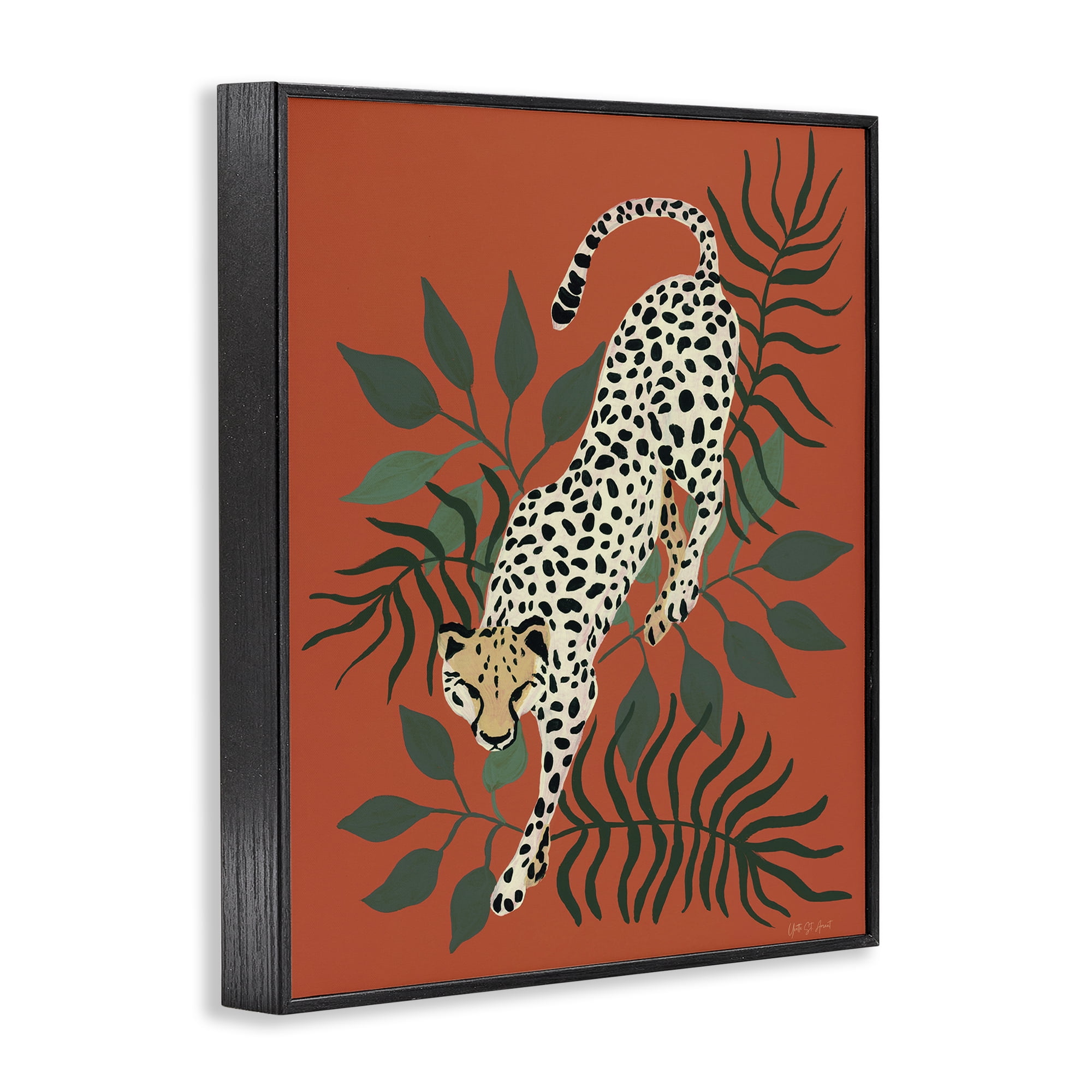 Stupell Industries Stepping Cheetah & Leaves Animals & Insects Painting Black Framed Art Print Wall Art, 11 x 14